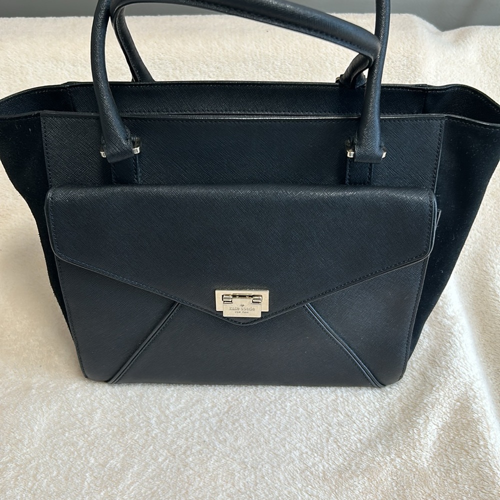 Kate Spade New York Large Black Leather/Suede Zippered Double Handled Satchel